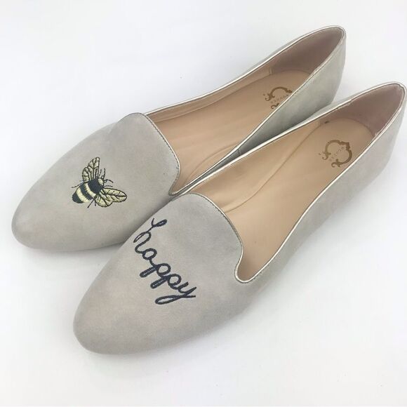 C Wonder Creamy Taupe Suede Leather Be Happy Embroidered Ballet Slipper Flats - Picture 3 of 16